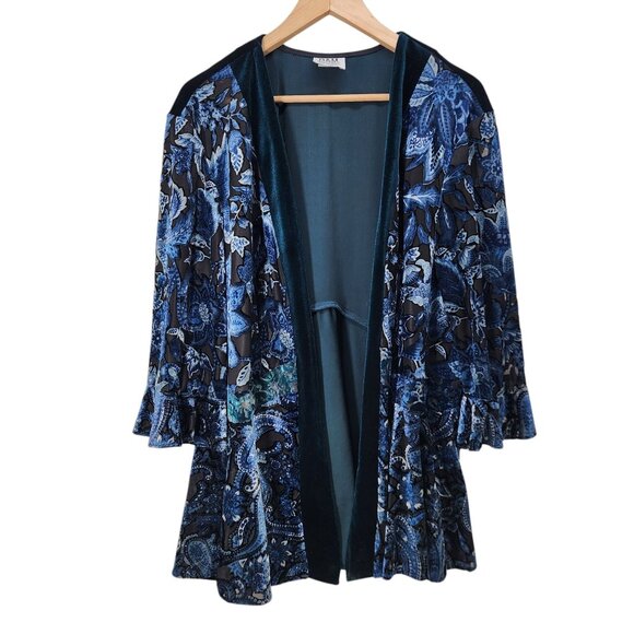R&M Richards Womans Kimono Cardigan Size 20W Blue Floral Velvet Semi Sheer Sleev - Picture 1 of 6